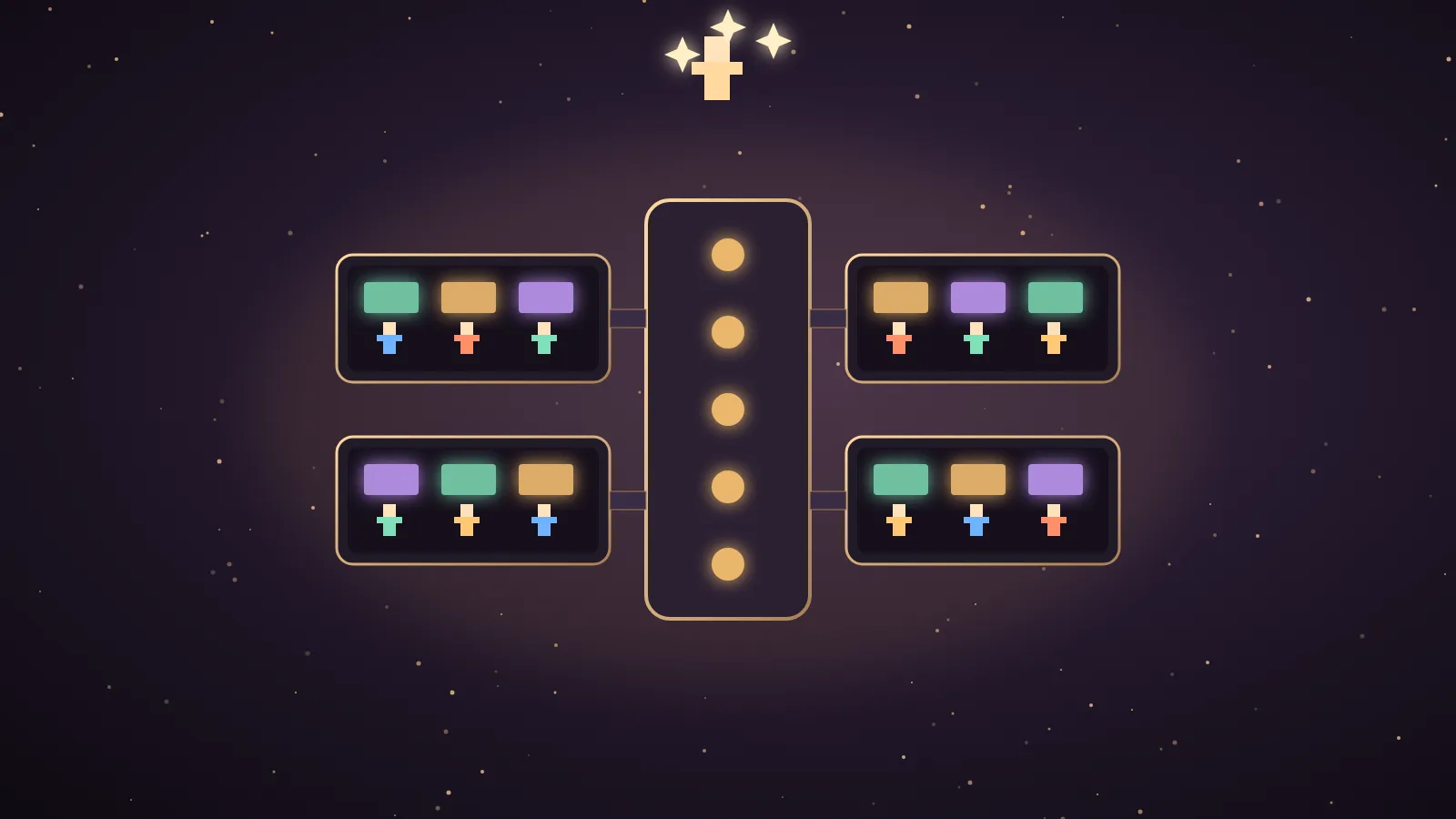 A glowing pixel-art space station with small AI agent crew members working at consoles across four docking bays