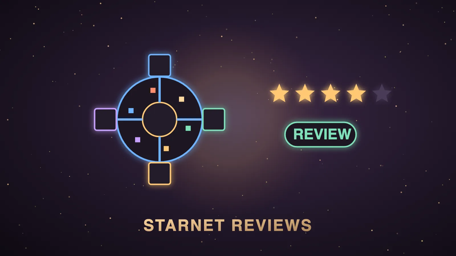 A pixel-art space station glowing on a dark aubergine dashboard, with small AI agent characters working at desks inside one tab of a larger Agent OS control panel, illustrating a StarNet review