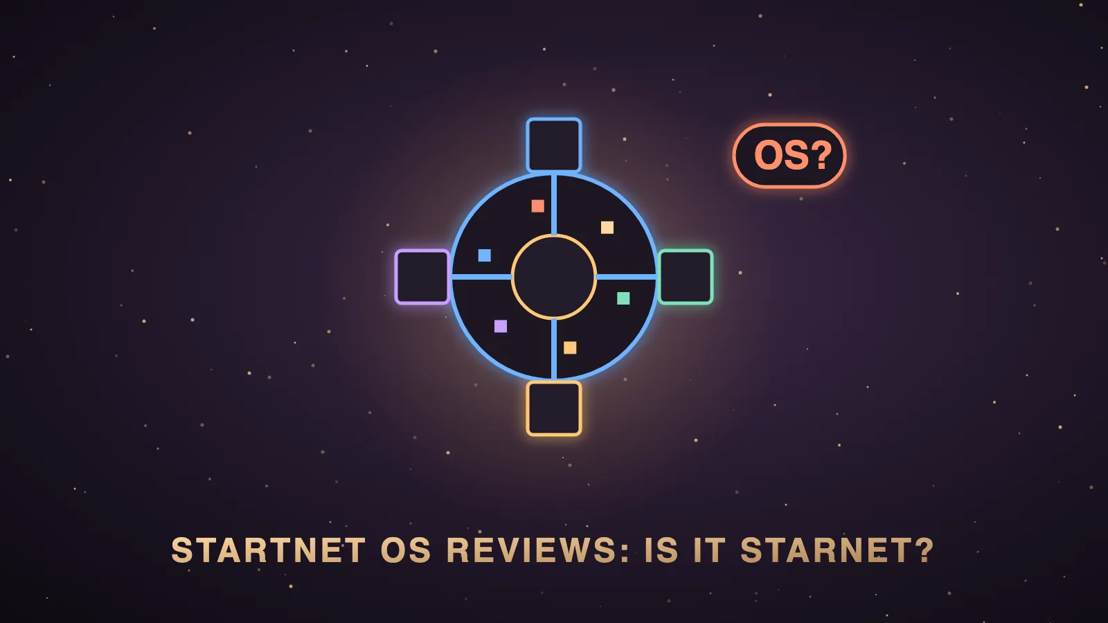 A small glowing pixel-art space station sitting inside one window of a larger dark aubergine Agent OS dashboard, with the misspelled label Startnet OS crossed out and StarNet written beside it