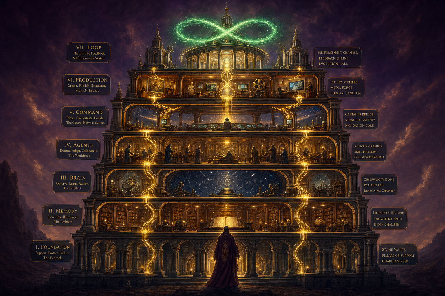 A grand temple-cathedral cross-section showing seven illuminated layers stacked from foundation to spire — Foundation, Memory, Brain, Agents, Command, Production, Loop — with golden filaments connecting every level