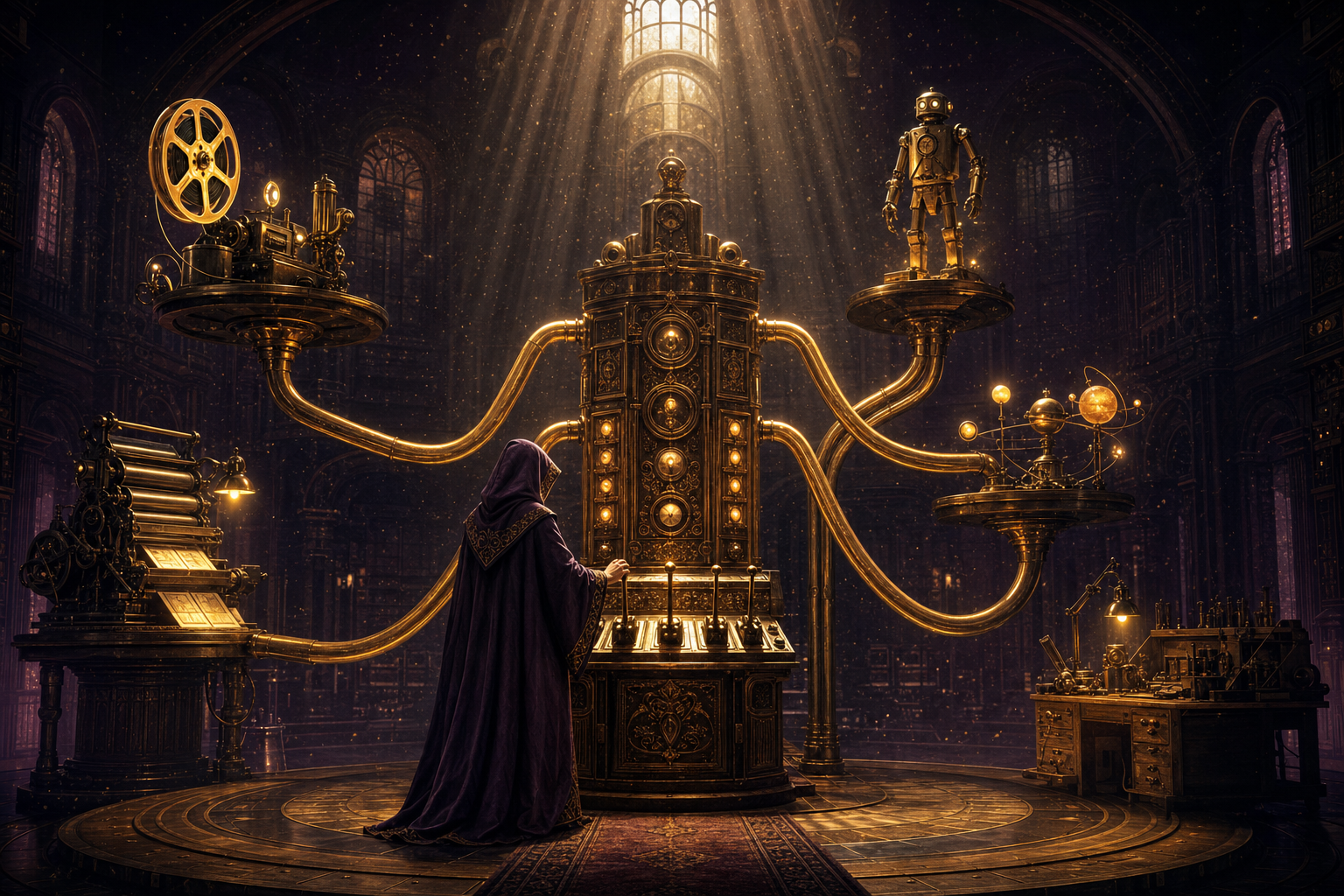 A robed operator, fully clothed in a long hooded robe, at a brass routing console with five glowing pipes running out to a film reel, a printing press, a small robot, a set of orbiting model-orbs and a workbench