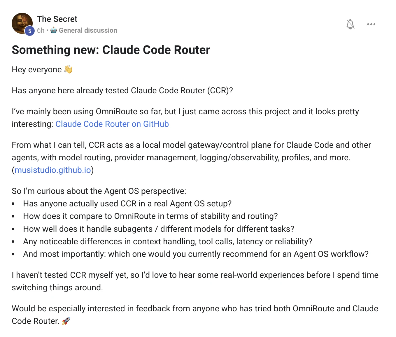 Skool post titled Something new: Claude Code Router, asking how CCR compares to OmniRoute for stability, routing, subagents and which to recommend for an Agent OS workflow