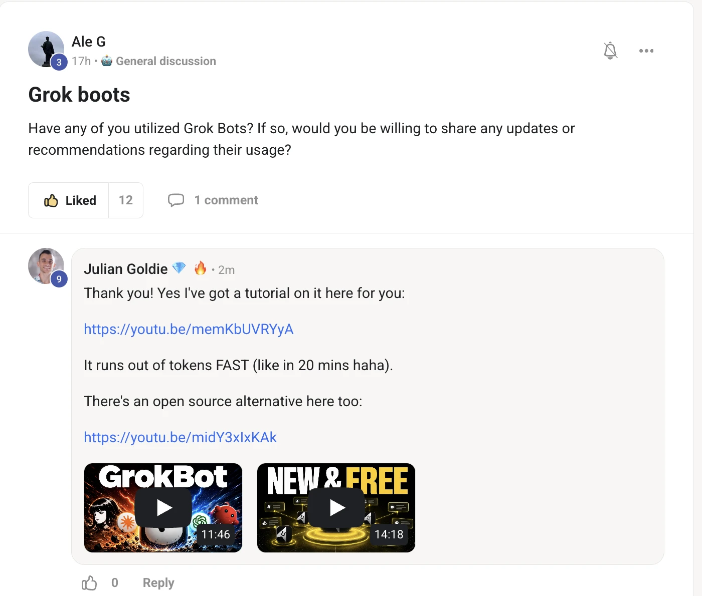 Skool post from Ale G asking whether anyone has used Grok Bots, with Julian's reply linking a tutorial and an open source alternative