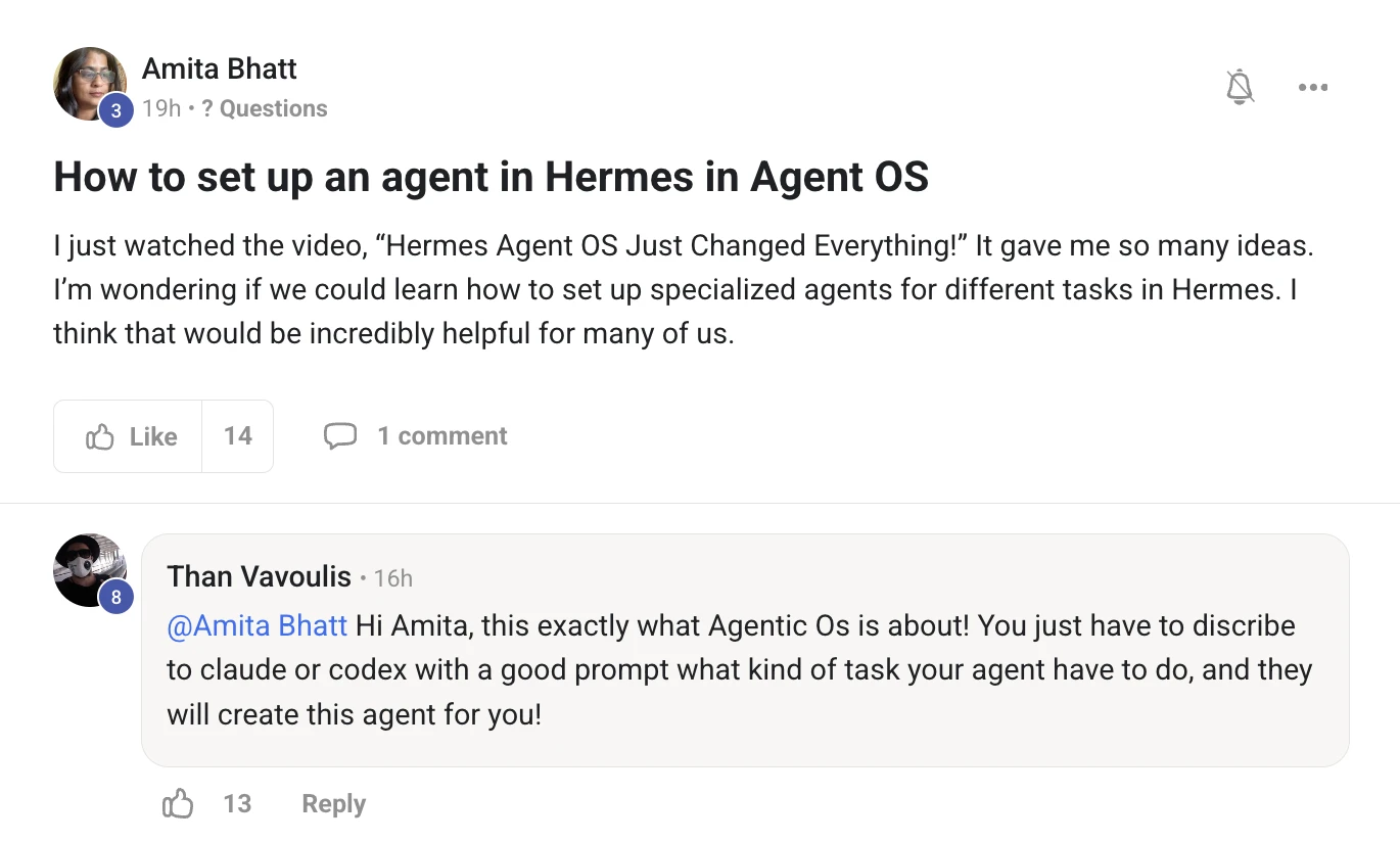 Skool post from Amita Bhatt asking how to set up specialized agents for different tasks in Hermes, with Than Vavoulis replying that you describe the task to Claude or Codex and they build the agent