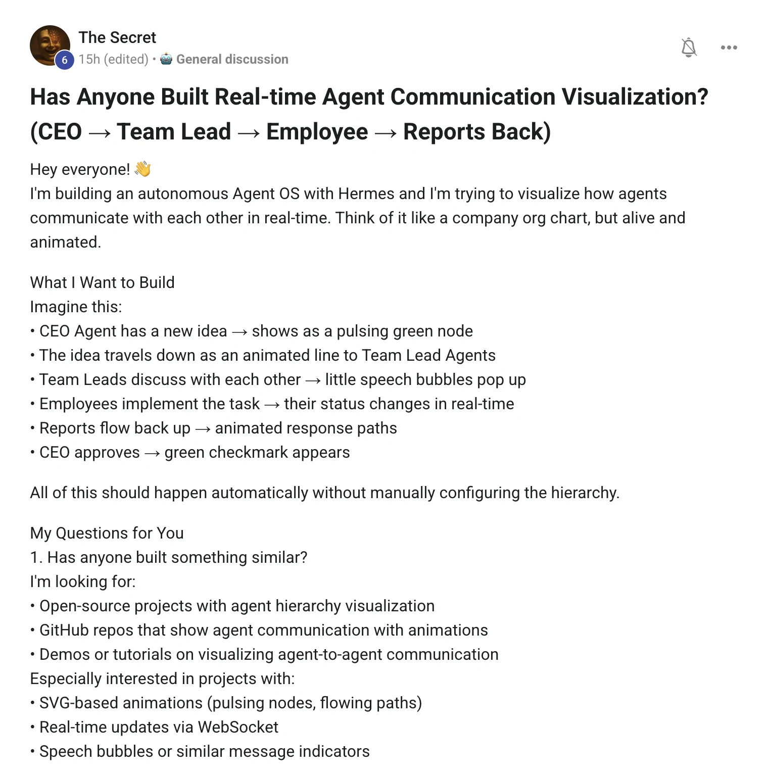 Skool post asking whether anyone has built real-time agent communication visualisation with a CEO agent, team leads and employees, pulsing nodes, animated lines and speech bubbles, with no manual hierarchy configuration