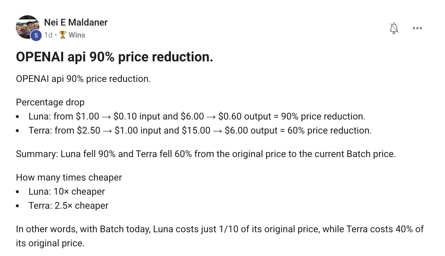 Skool post from Nei E Maldaner breaking down the OpenAI API price reduction, showing Luna dropping from $1.00 to $0.10 input and $6.00 to $0.60 output, and Terra from $2.50 to $1.00 and $15.00 to $6.00