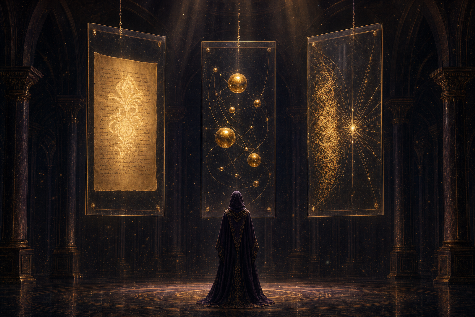 A robed figure, fully clothed in a long hooded robe, looking up at three hanging glass panes: a watermarked page, a constellation of brass model-orbs, and a tangle of golden thread resolving into a neat star