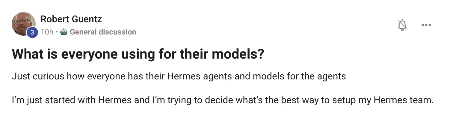Skool post from Robert Guentz titled What is everyone using for their models, asking how people set up their Hermes agents and models