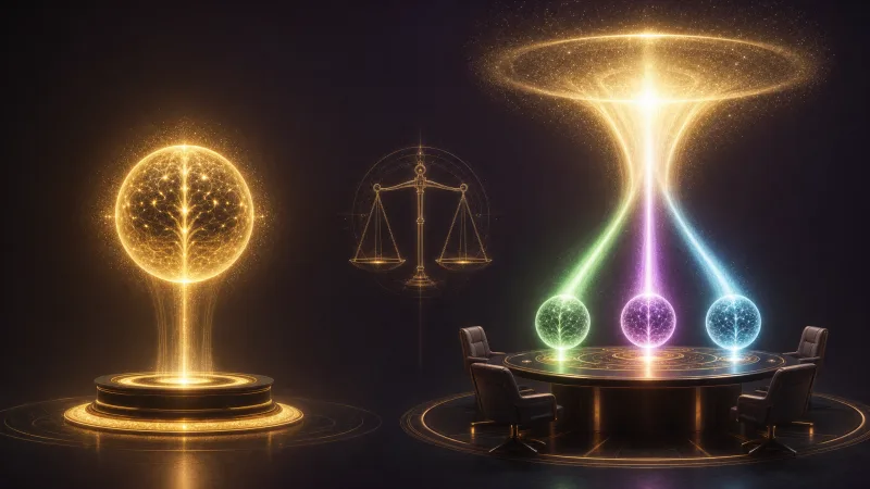 A lone glowing golden orb-mind facing a boardroom table of three orb-minds merging their light into one brighter beam