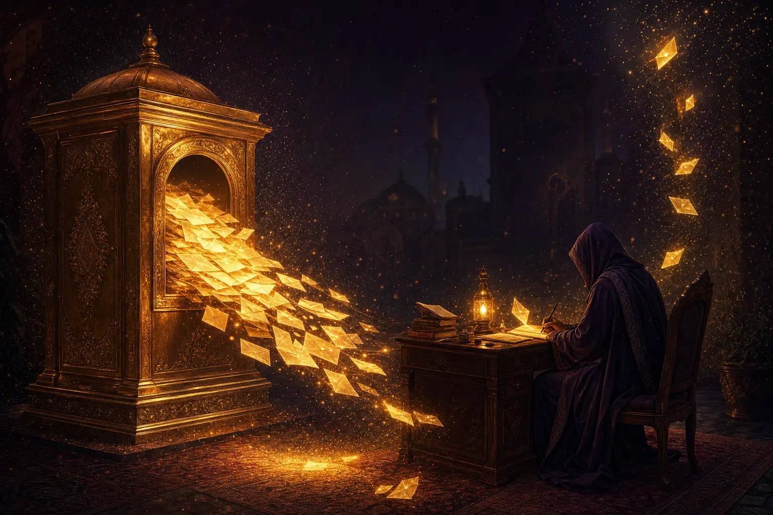 A glowing brass mailbox overflowing with luminous letters streaming toward a desk where a fully robed scholar writes replies by lamplight