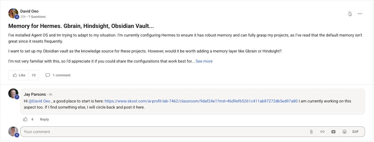 David Oeo's real Skool post asking whether Hermes needs a memory layer like Gbrain or Hindsight on top of the Obsidian vault