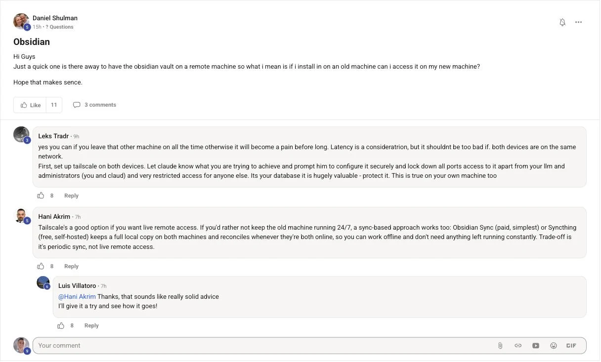 Daniel Shulman's real Skool post asking if the Obsidian vault can live on a remote or old machine and be accessed from a new one