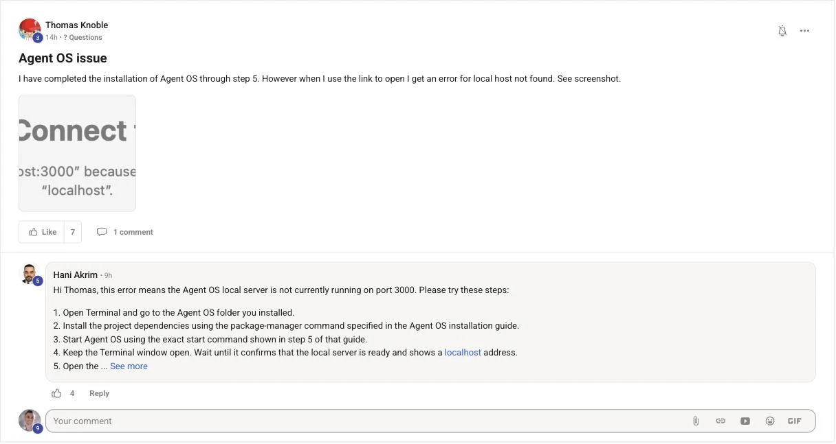 Thomas Knoble's real Skool post reporting the Agent OS install worked but the link shows localhost not found