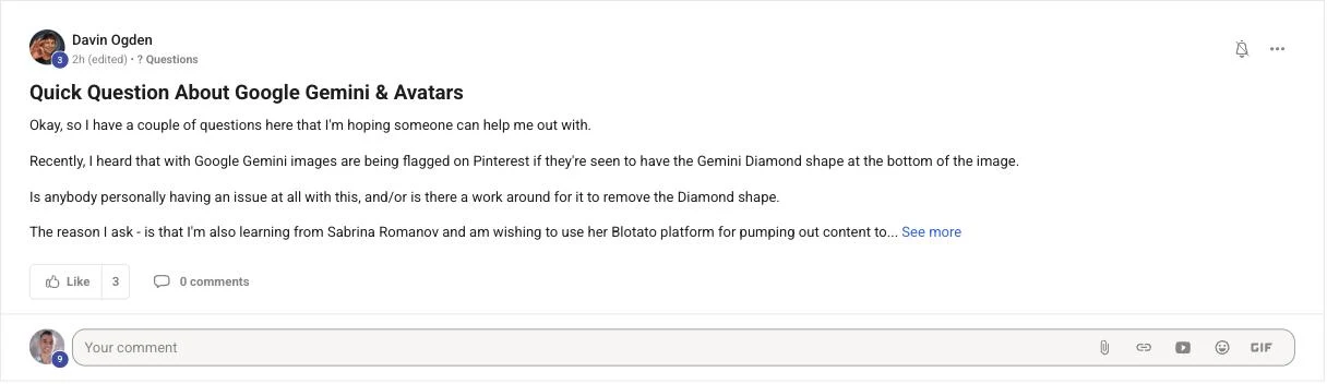 Davin Ogden's real Skool post asking about Gemini watermark flags on Pinterest and whether to use a full-face avatar for content
