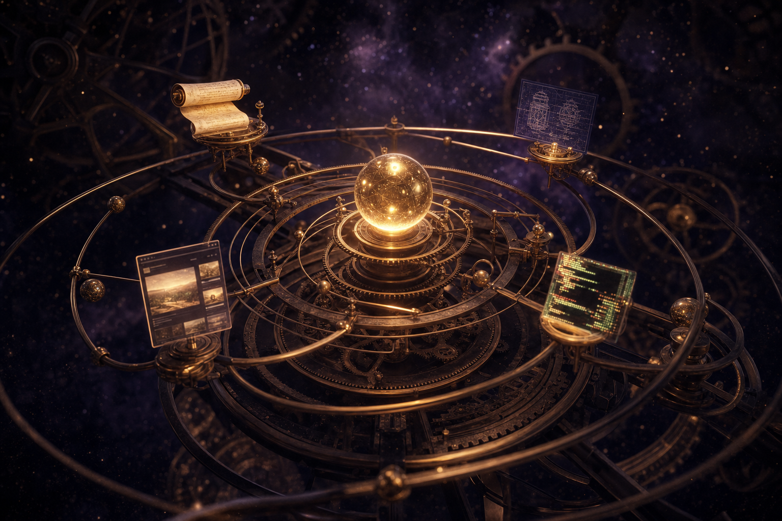A grand brass orrery with planets replaced by glowing artefacts — a scroll, a blueprint, a small webpage — orbiting a central golden sphere on clockwork arms