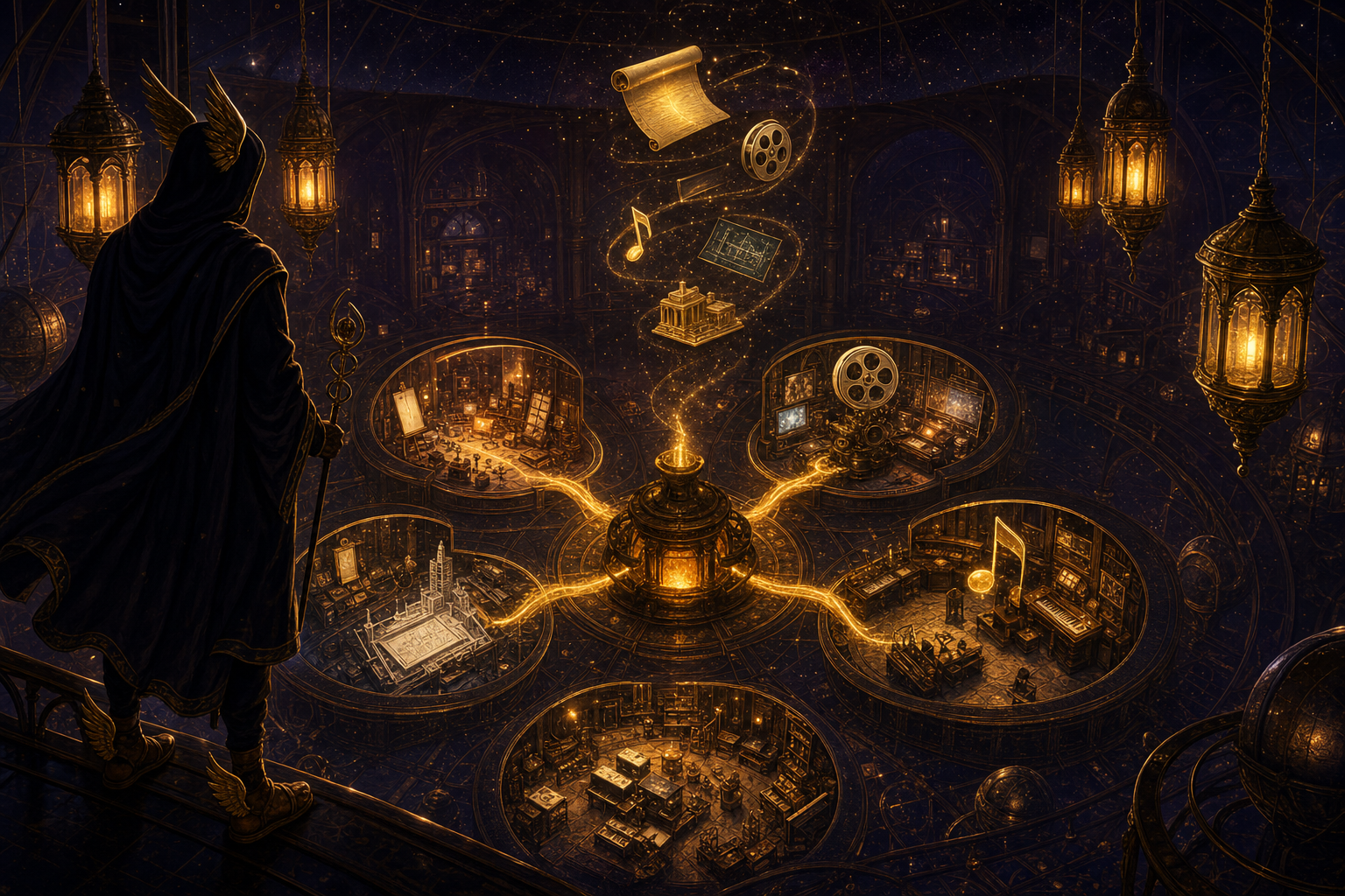 A celestial atelier interior with five interconnected workstations radiating outward from a central forge, golden filaments flowing between them in a continuous loop — the Build-Anything Stack