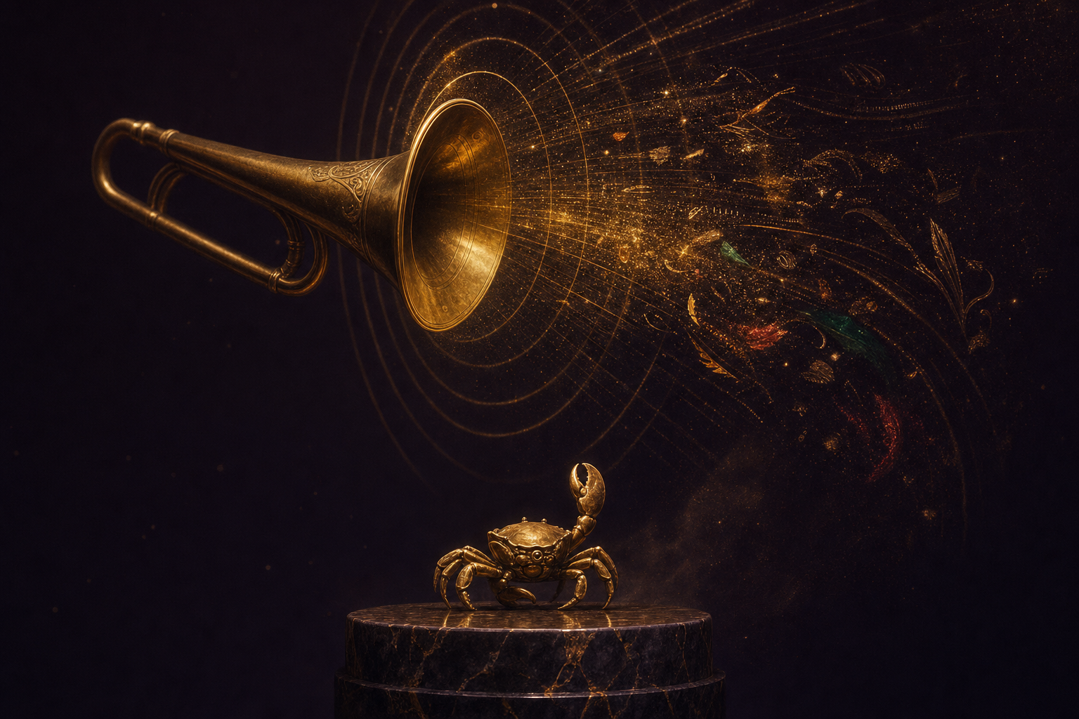 A brass speaking trumpet with golden sound waves emanating outward, a small brass crab figure on a plinth below — voice becoming command