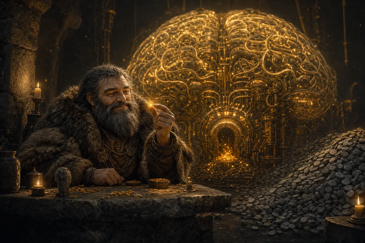 A wise fur-clad caveman holding one tiny golden token before a giant golden brain-machine