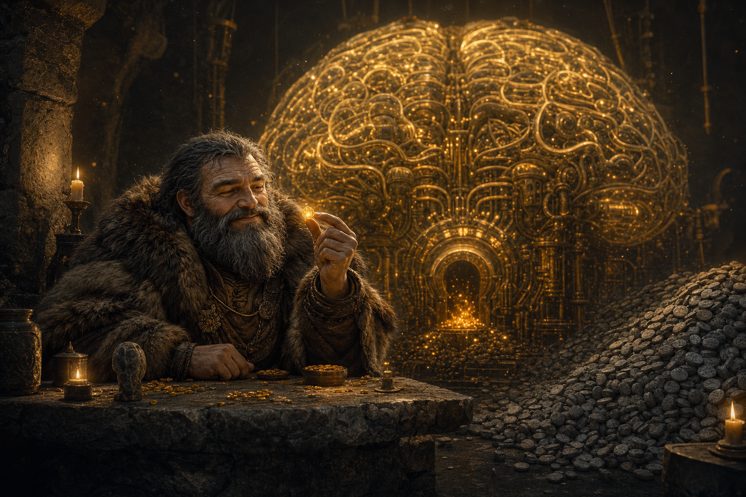 A wise caveman, fully clothed in a thick fur tunic and cloak, holding one tiny glowing golden token up to the light while a huge golden brain-machine hums behind him