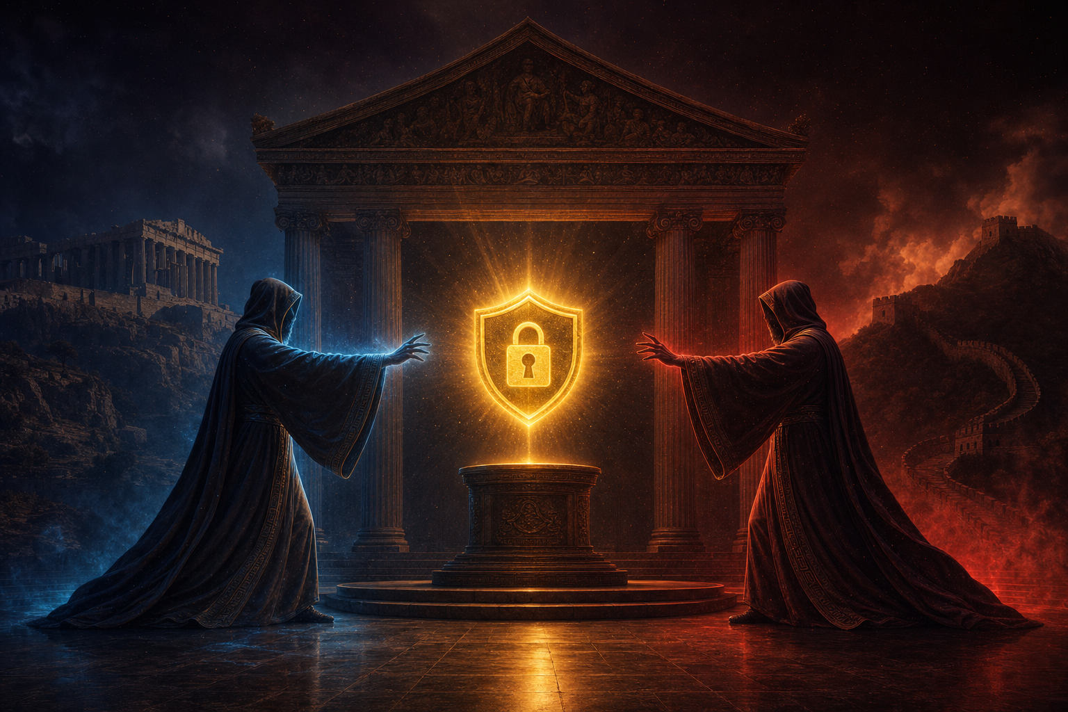 A classical temple of cybersecurity at night with a glowing golden lock at its centre; on the left a robed scholar fully clothed in a long flowing hooded robe lit in cool blue, on the right an identical robed scholar fully clothed lit in crimson red stepping from behind a Great Wall silhouette, both reaching for the same lock — two matched twin powers