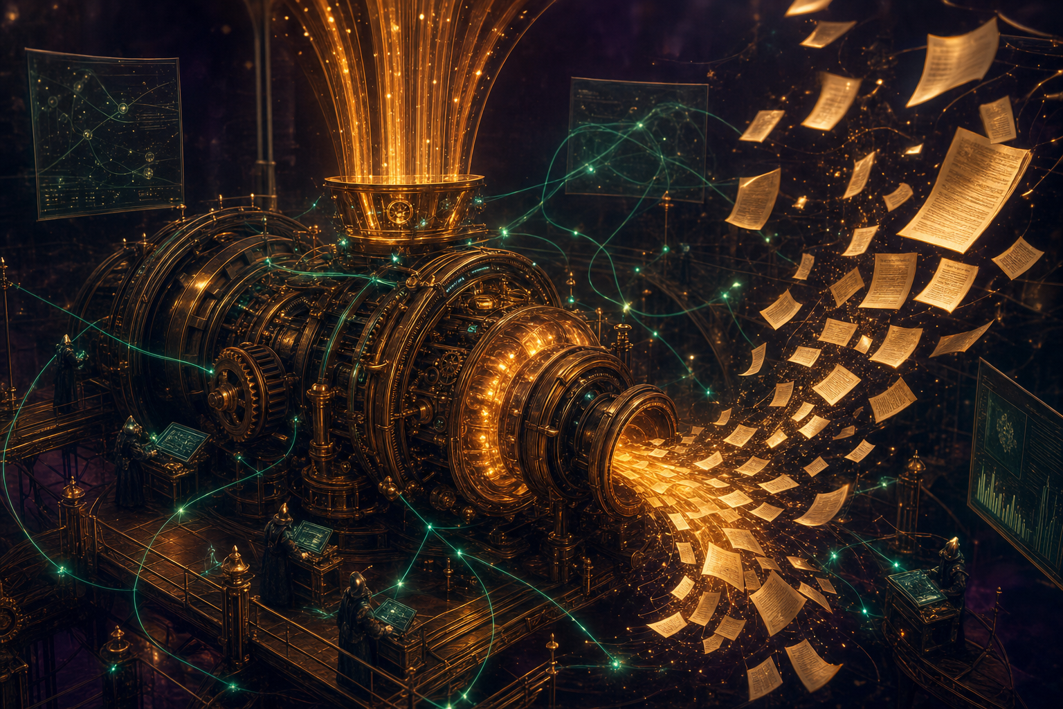Brass-and-gold mechanical SEO engine — keyword streams flowing in, golden ranked documents rising out