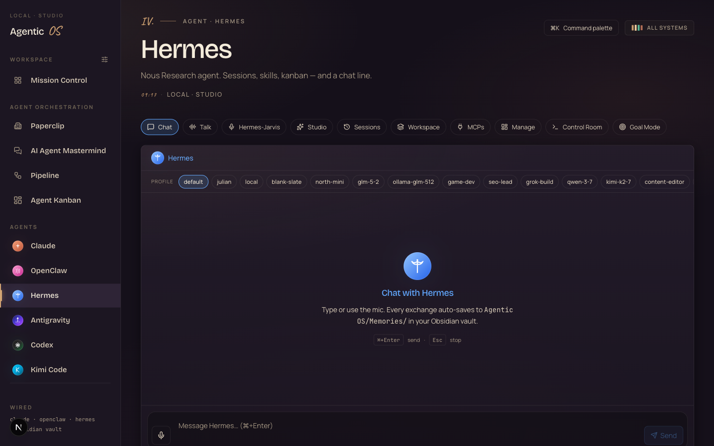 Hermes inside the Agent OS dashboard