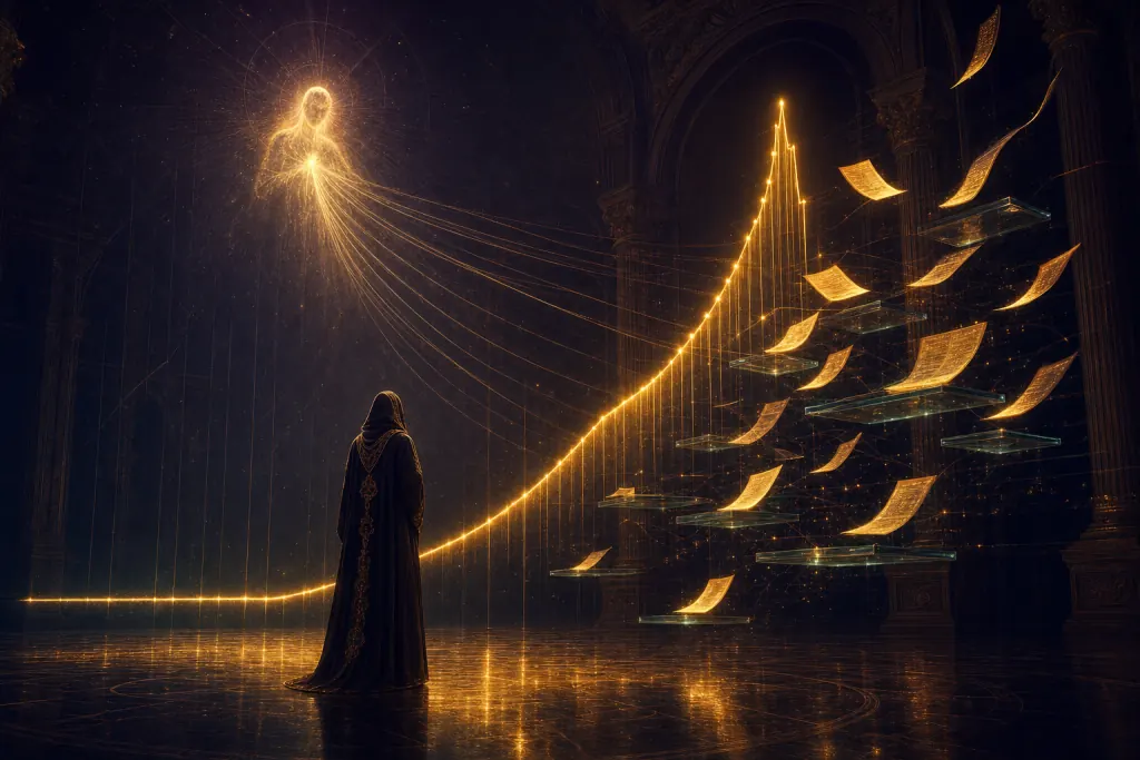 The full Claude AI SEO course — a robed engineer, fully clothed in a long flowing hooded robe, watching a flat line ignite into gold and climb while glowing pages fly up to a luminous oracle