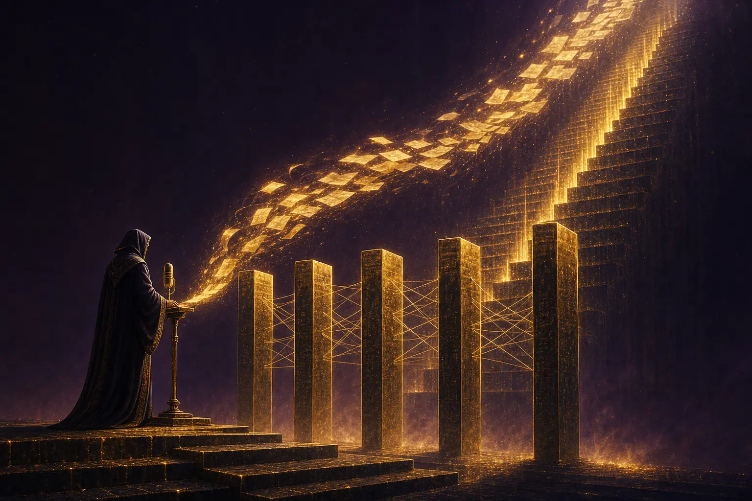 A robed scholar, fully clothed in a long flowing hooded robe, speaking into a golden microphone as a river of glowing pages lights five tall towers linked by golden threads