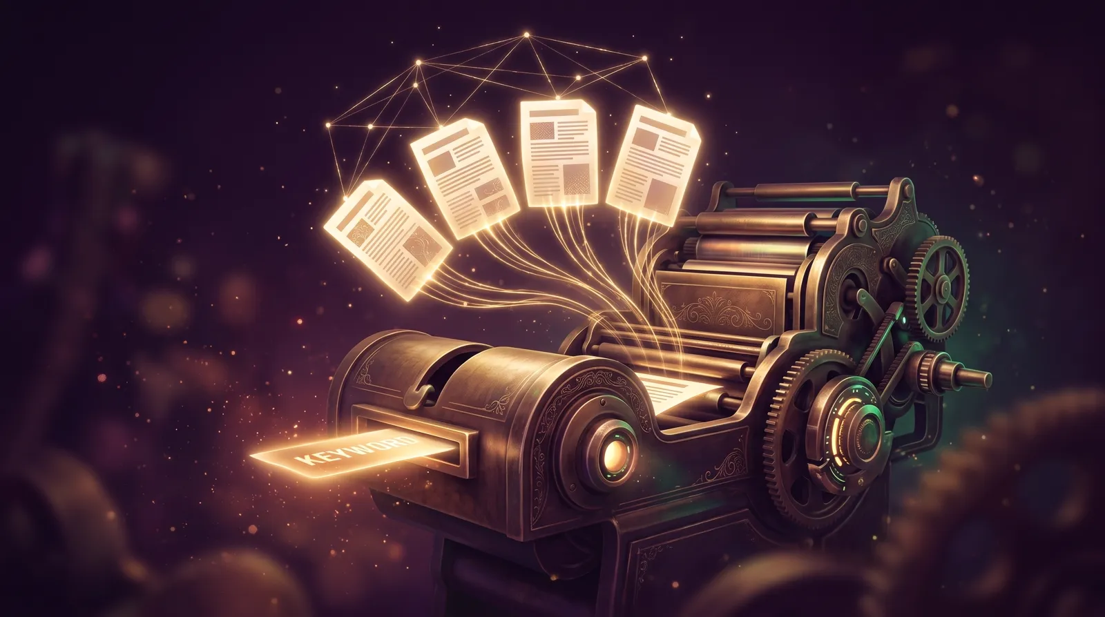 A brass printing press with one glowing keyword card feeding in and five luminous article pages fanning out into a constellation web