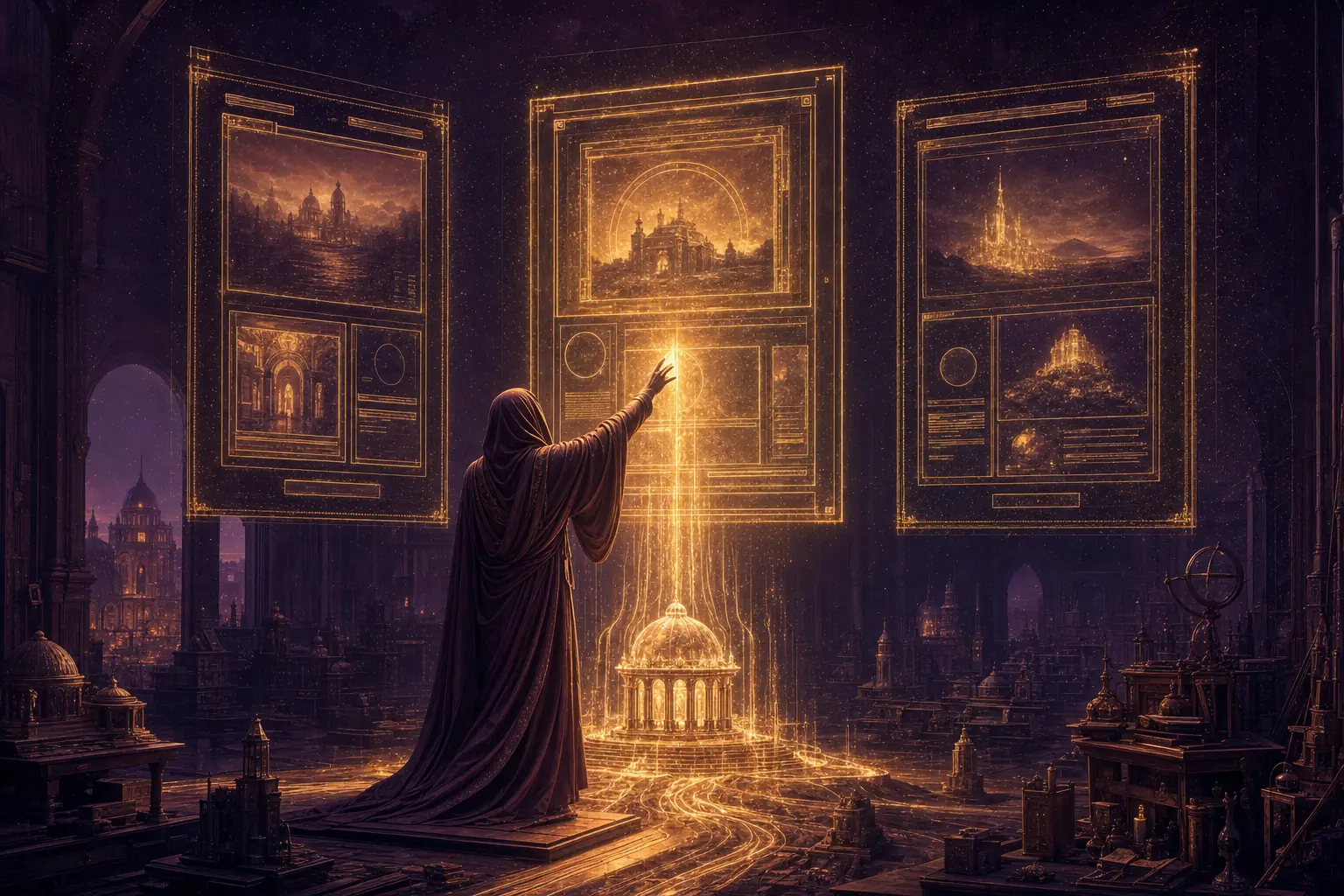 A robed architect, fully clothed in a long flowing hooded robe, touches one of three glowing page-layout blueprints floating in a vast workshop while golden light pours down and builds a pavilion