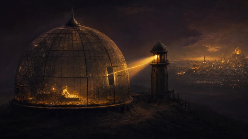 A glass dome with one pane missing, light escaping toward a real city, a watchtower beam sweeping the gap