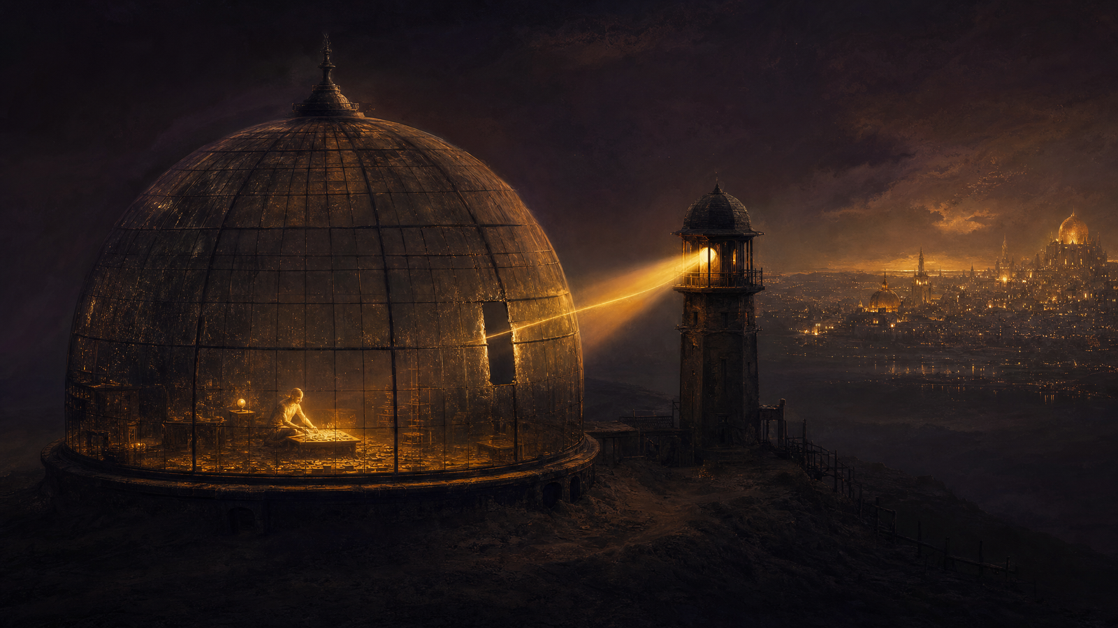A glass dome on a dark plain with a small golden figure working inside, one pane missing, a thread of light escaping toward a real city on the horizon
