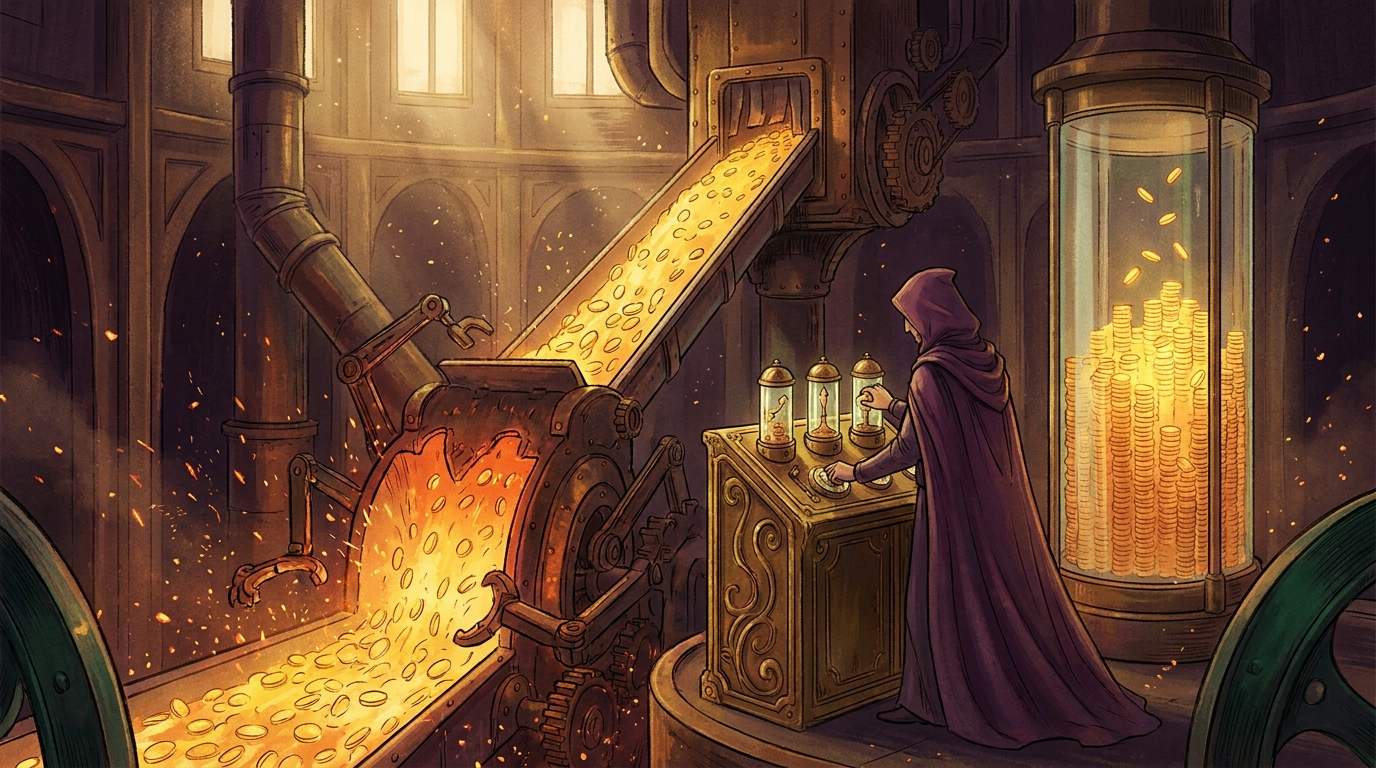 A fully-clothed engineer in a long hooded robe turns three glowing dials beside a furnace machine burning golden coins, while a glass vault fills with saved coins