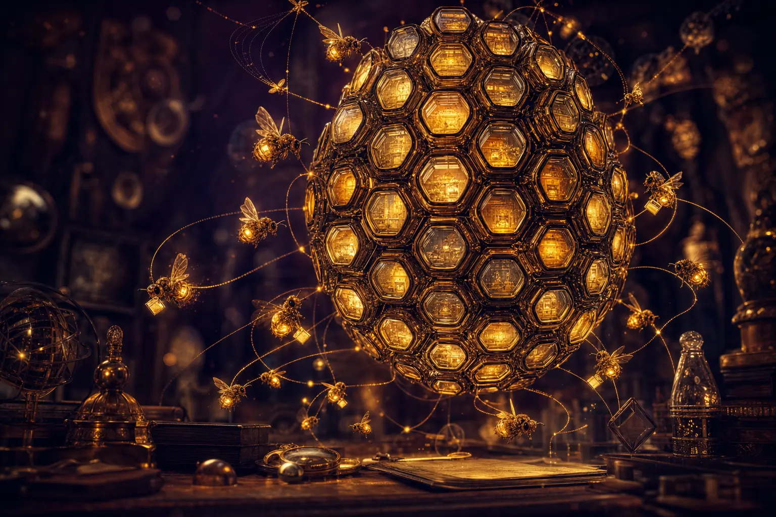 A glowing beehive of hexagonal glass terminal cells with mechanical bees carrying luminous notes between them