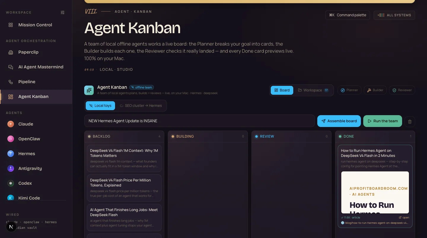 The Agent Kanban board with a Planner, Builder and Reviewer team of agents moving real cards from backlog to done