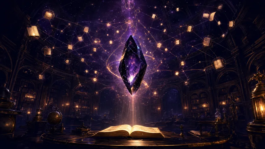 A glowing knowledge galaxy of linked notes rendered as stars