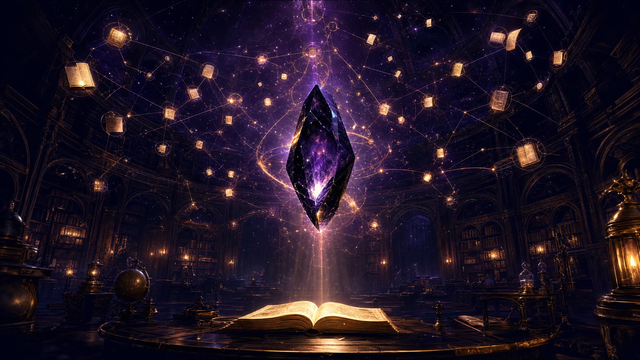 An obsidian crystal projecting a constellation of linked glowing notes across a dark library dome