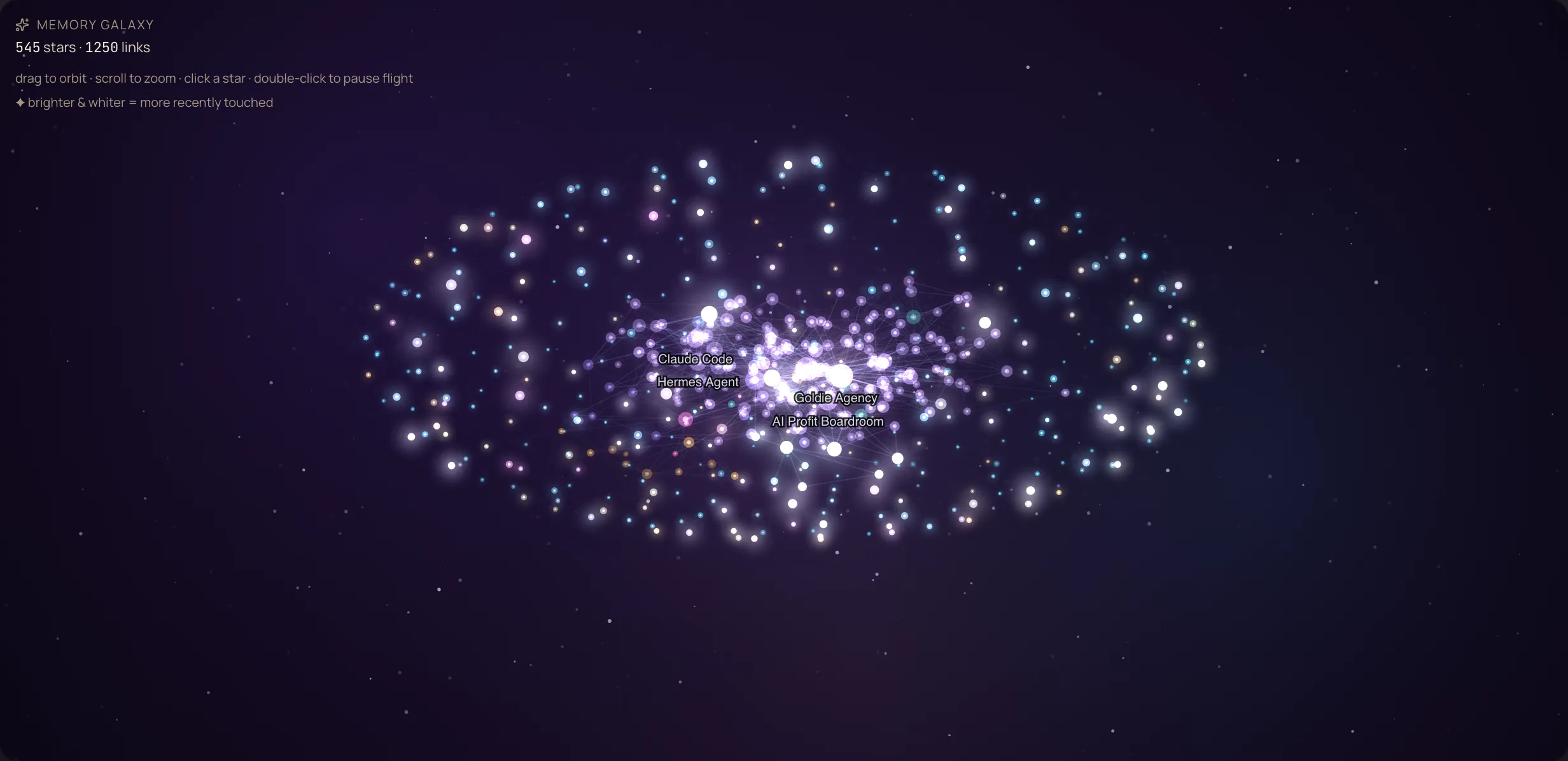 The Agent OS Memory Galaxy — 545 vault notes as a glowing star map
