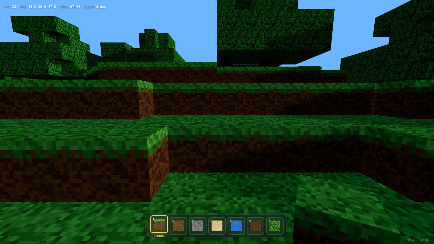 GLM-5.2's Voxelcraft build — a textured Minecraft-style voxel world with a 7-block hotbar and an FPS and coordinates HUD