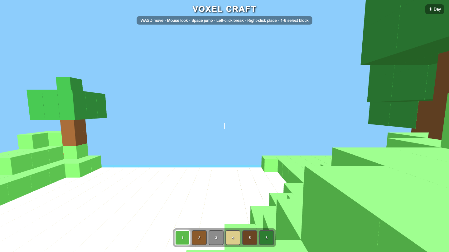 Claude Sonnet 5's one-shot Voxelcraft build — a playable Minecraft-style voxel world with green blocky terrain, a tree, a 6-block hotbar, a crosshair and a day toggle