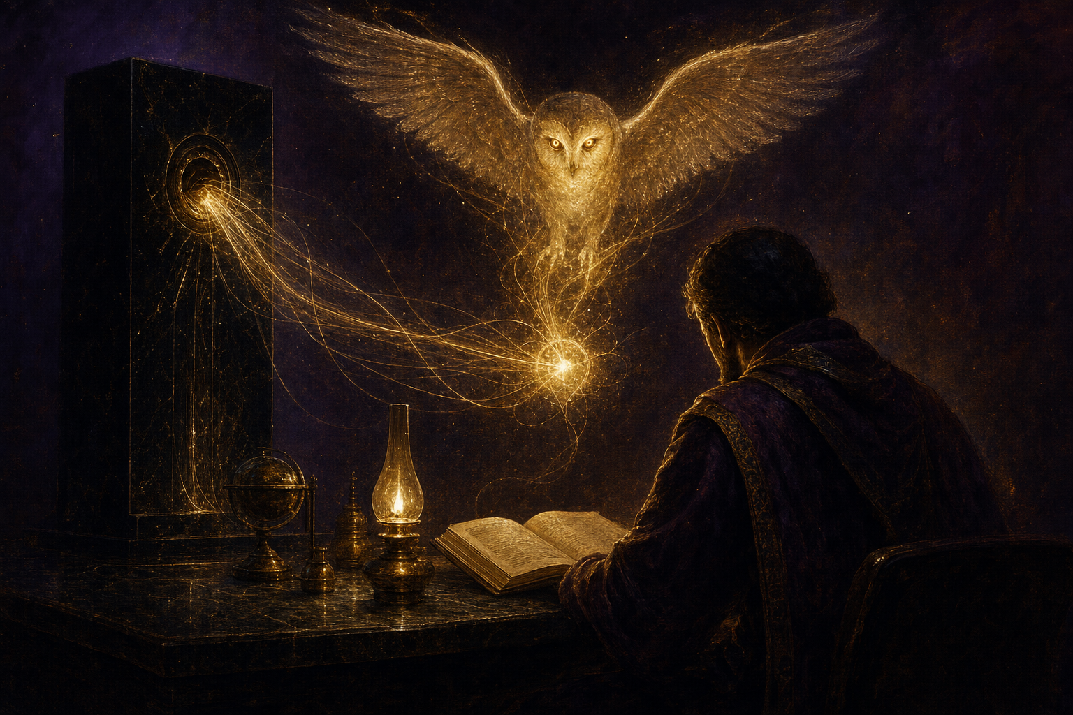 A glowing constellation of notes and ideas connected by golden threads, with a single softly-glowing figure at the centre reading the whole map at once — Claude reading your knowledge graph