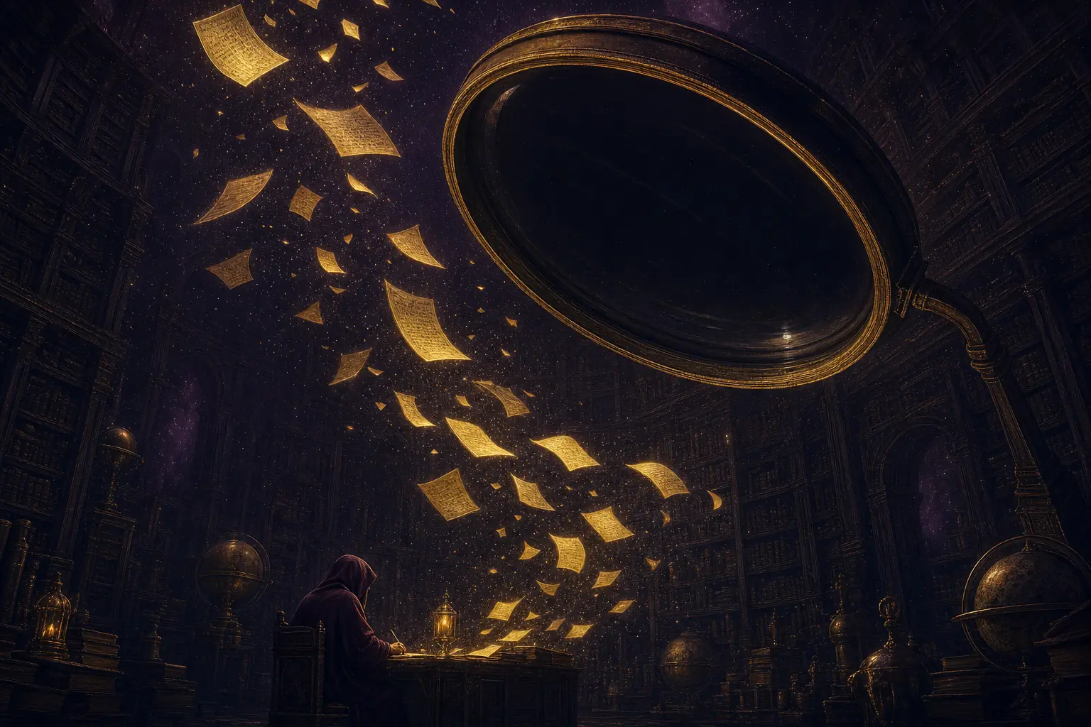 A giant dark magnifying lens sweeps over a night library of floating golden pages and sees nothing, while a robed scholar fully clothed in a long hooded robe keeps writing at a desk below