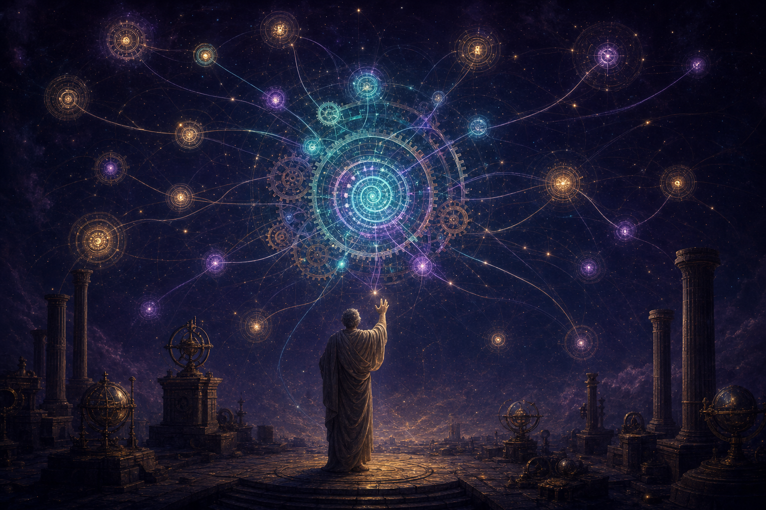 A glowing geometric spiral of code-glyphs at the centre radiating light-filaments to a constellation of free provider nodes, a robed engineer fully clothed in a long flowing chiton reaching toward it