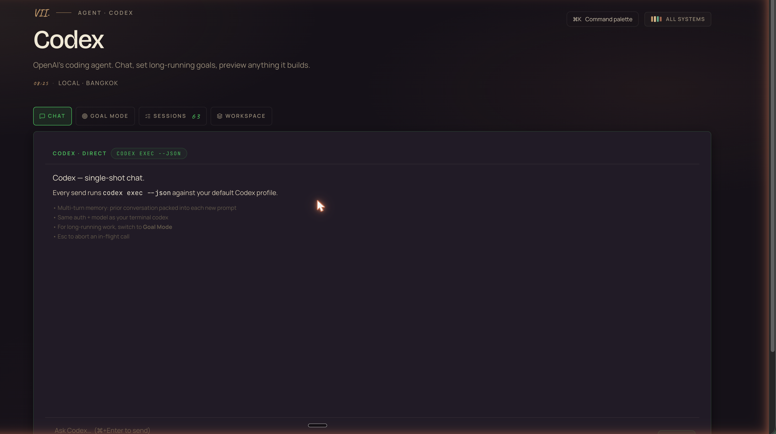Codex Chat tab inside Agent OS — codex exec --json streaming interface