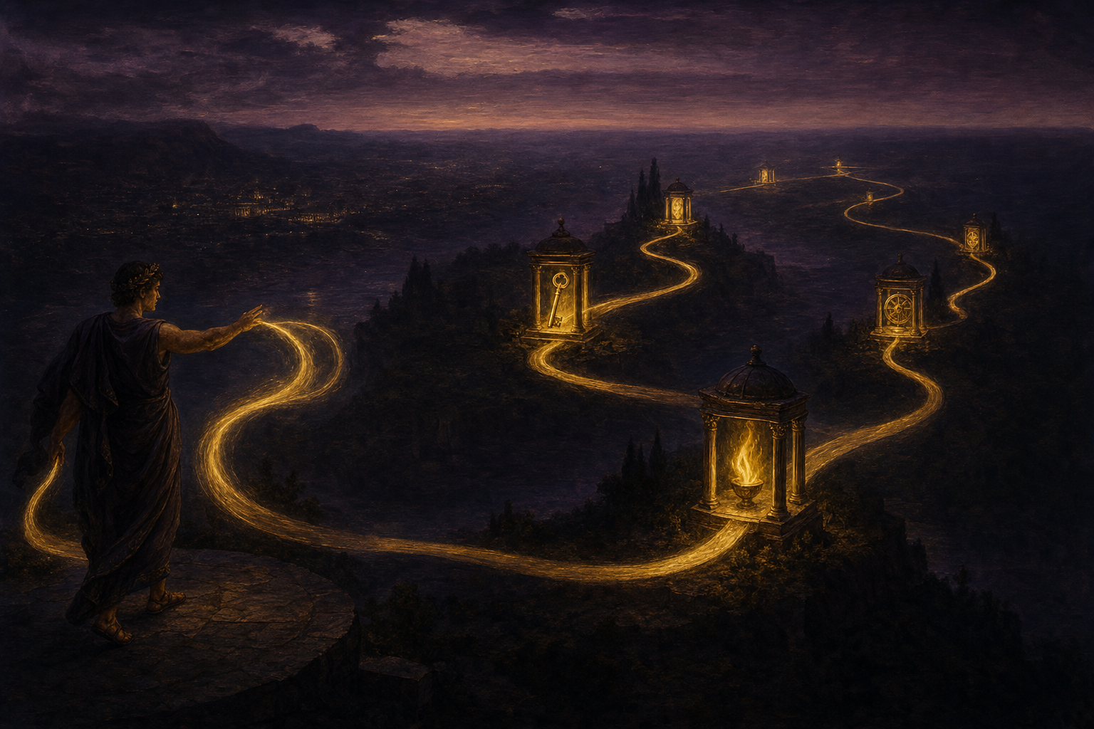 Editorial illustration — a golden ribbon of light winding through waystations across a twilight landscape