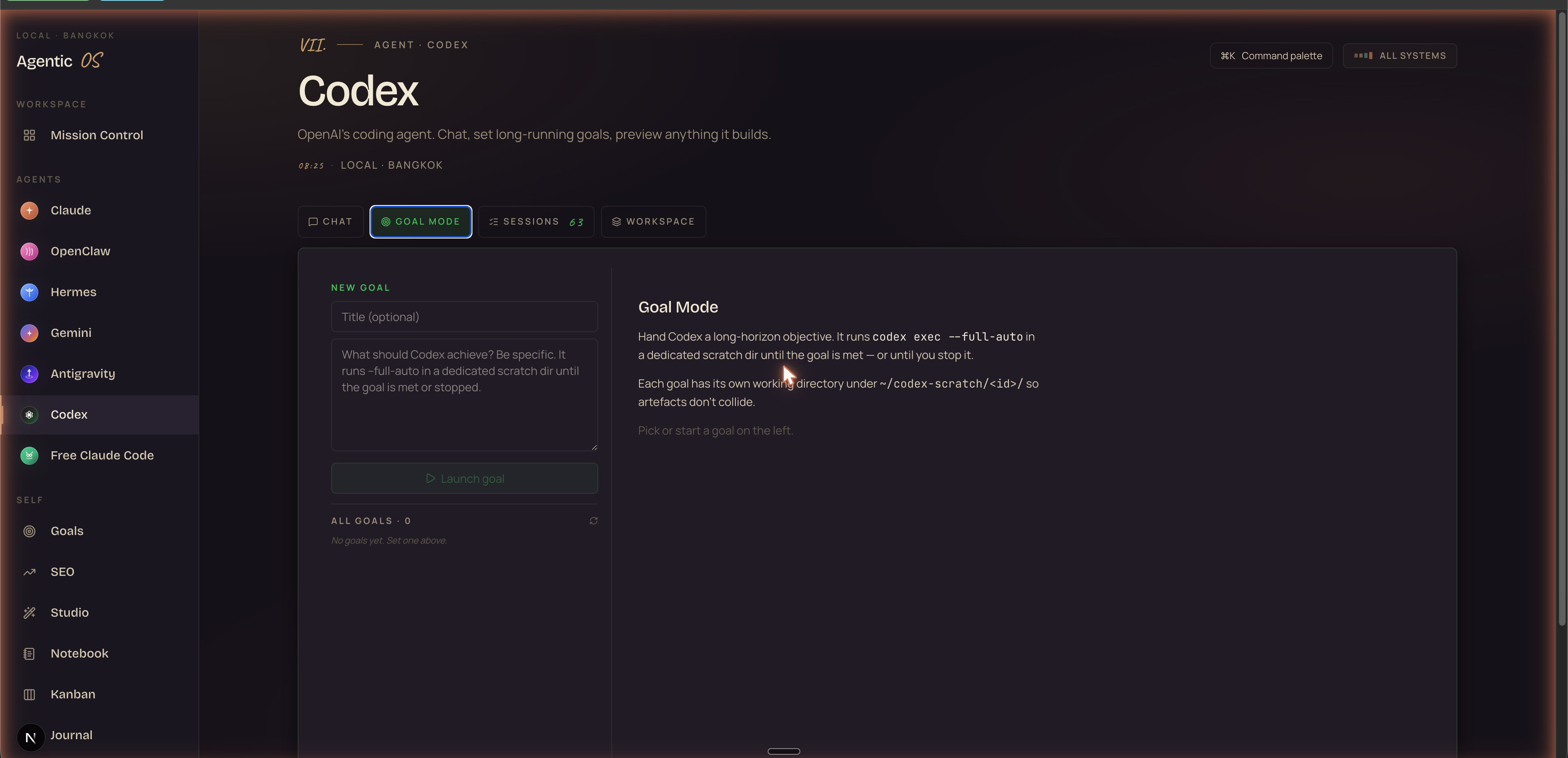 Goal Mode tab in Agent OS — new goal form and goal monitor