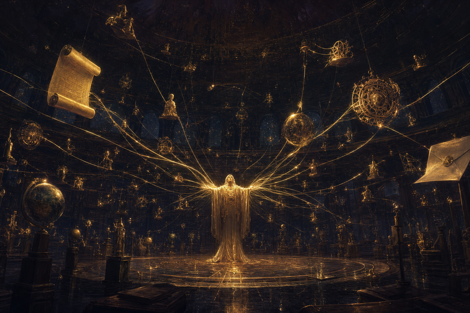 The Goldie Goal Engine — a luminous figure conducting threads of light into autonomous artifacts