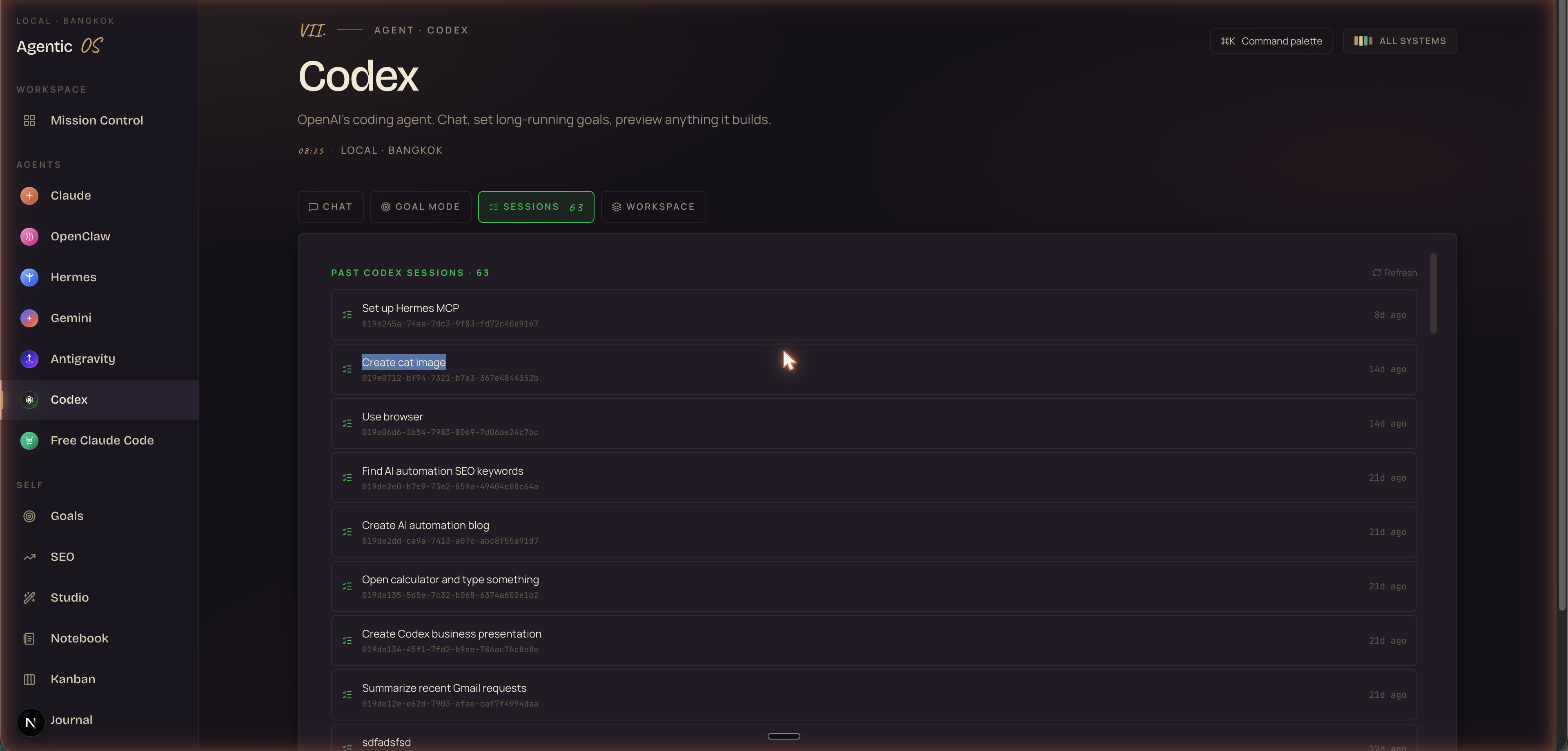 Sessions tab showing 63 past Codex sessions