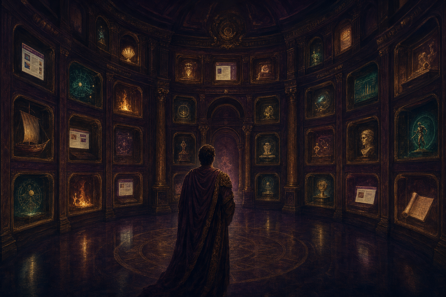 Editorial illustration — an ornate gallery with glowing artifacts in alcoves