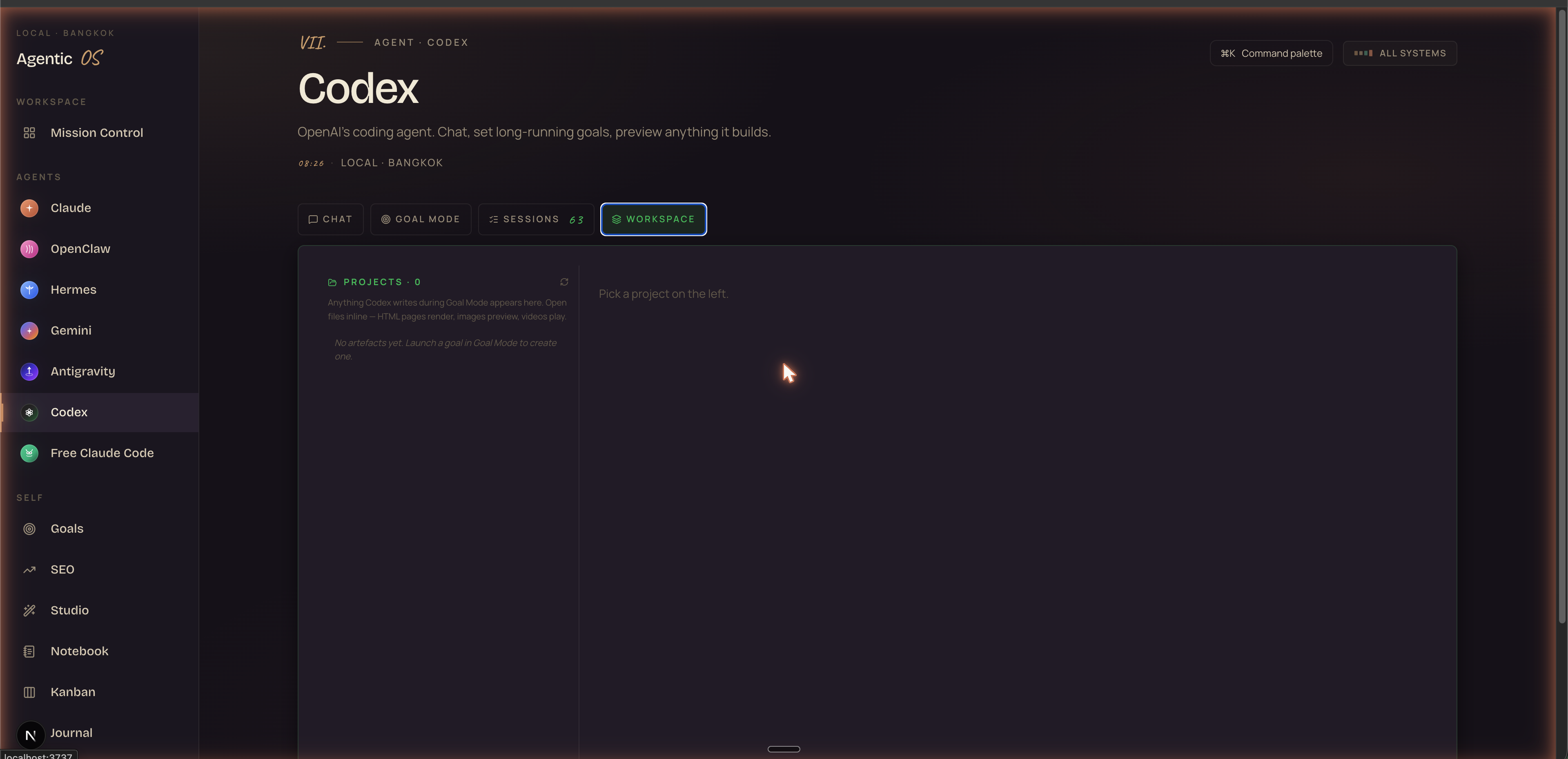 Workspace tab — projects list and inline preview pane